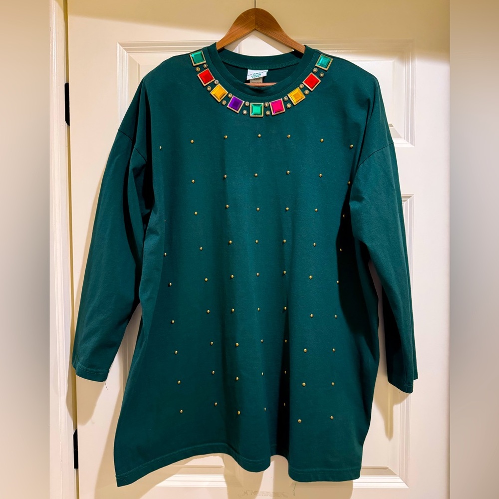 VINTAGE Jewel and Gold Studded Green Mini Dress